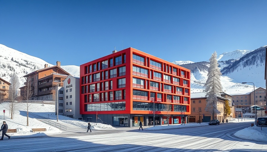 Davos 2025 landscape with modern architecture and snowy mountains.