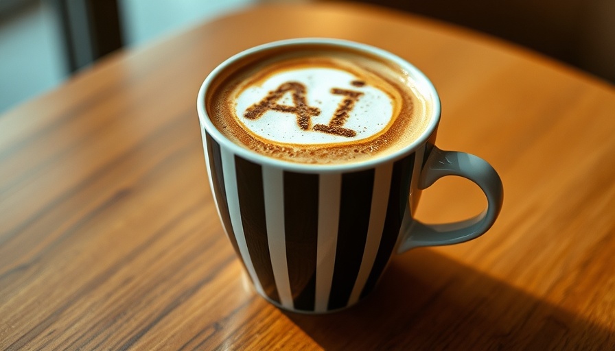 Cappuccino with AI art in foam on a wooden table, academic publishing concept.