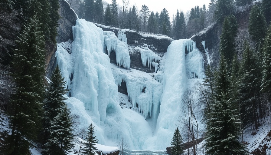 Frozen Kaaterskill Falls with icy cliffs in a snowy forest.