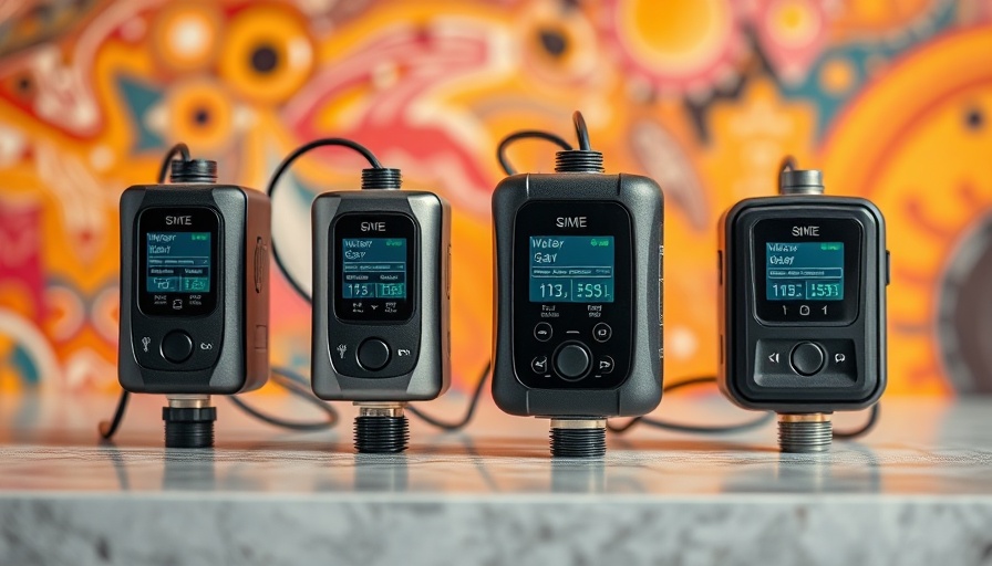 Various modern water leak detectors displayed on a colorful abstract background.