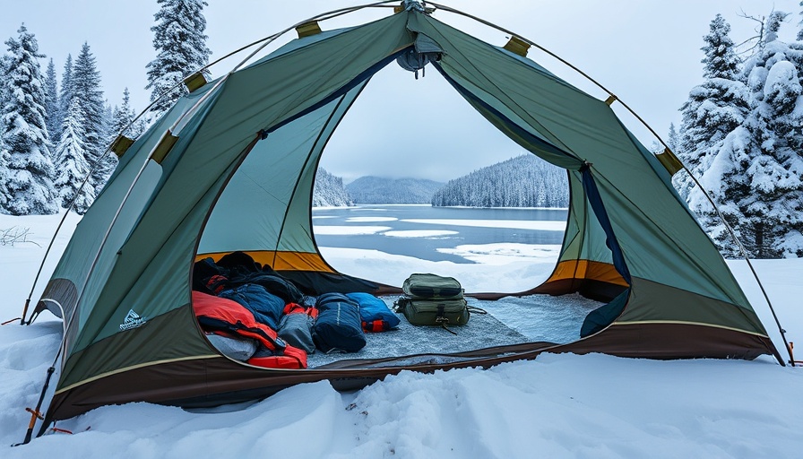 Hilleberg Akto tent on snowy lake shore with camping gear.
