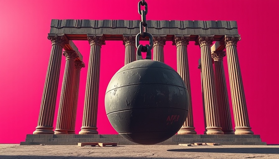 Conceptual art of a wrecking ball and pillars symbolizing government technology challenges