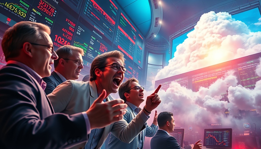 Digital art of a bustling stock exchange and futuristic data center symbolizing cloud growth.