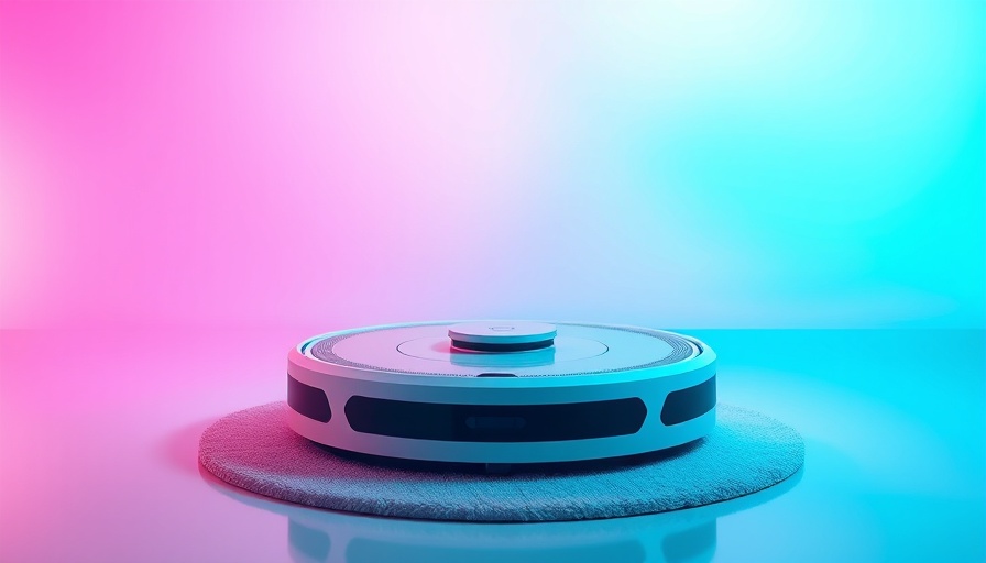 Modern robot vacuum with smartphone app in colorful background.