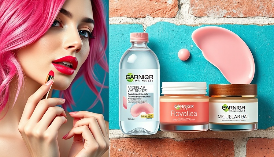 Beauty products montage with micellar water, balm, and woman