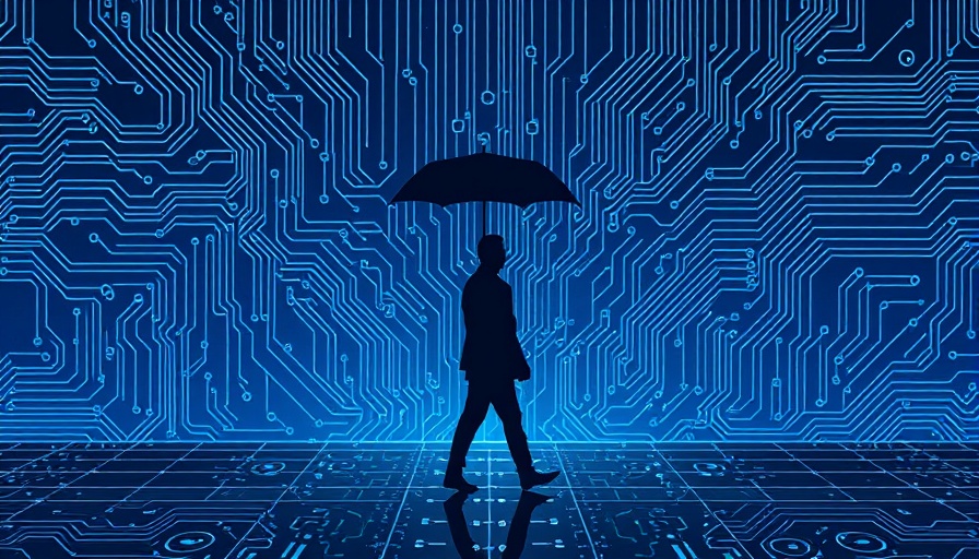 Silhouette with umbrella amidst digital circuits, representing AI safety.