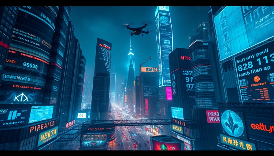 Futuristic AI cityscape with neon lights and holograms.