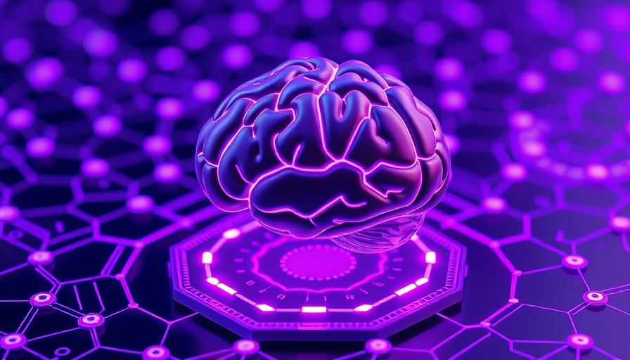 Futuristic AI in banking illustration with digital brain and hexagons.