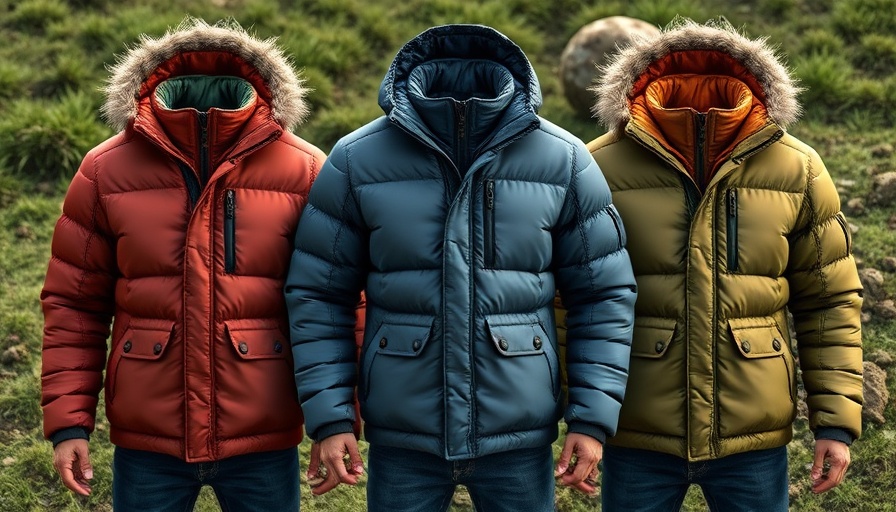 Stylish puffer jackets in nature, showcasing different styles and colors.