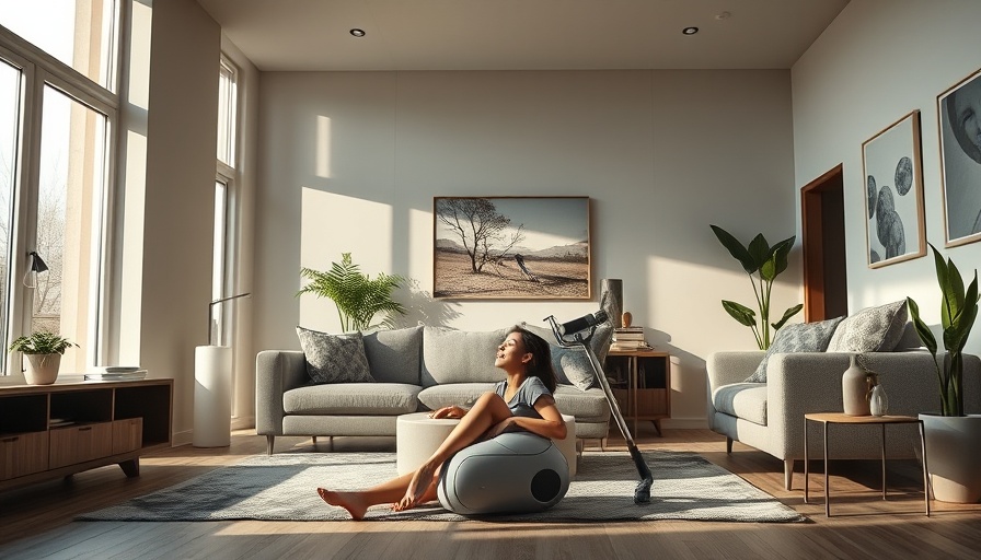 AI-powered vacuum and woman in modern living room setting.