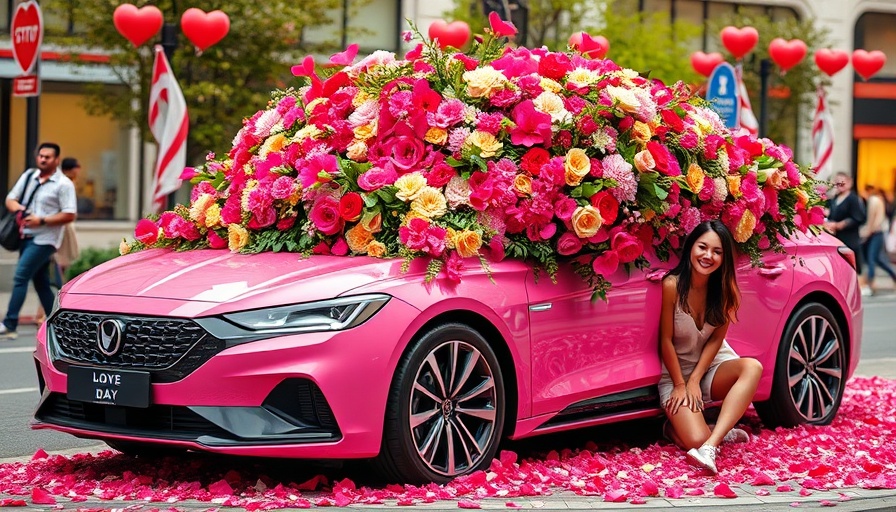 Festive pink car adorned with flowers and smiling people celebrating
