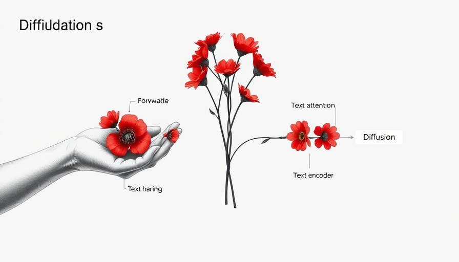 Diffusion models diagram with hands holding flowers, illustrating forward and reverse processes.