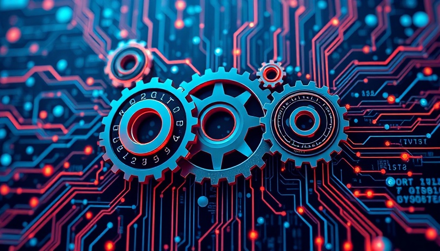 Futuristic design of IT automation with gears and data lines.
