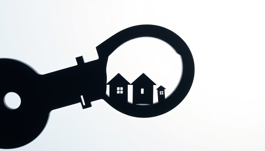 Key silhouette integrating houses, symbolizing economic mobility