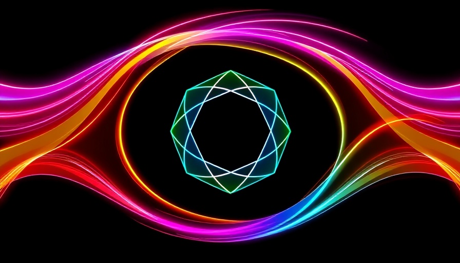 Vibrant abstract design with colorful wavy lines and geometric logo.