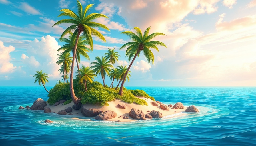Cartoon tropical island with palm trees and vibrant sky, BuzzFeed social platform.