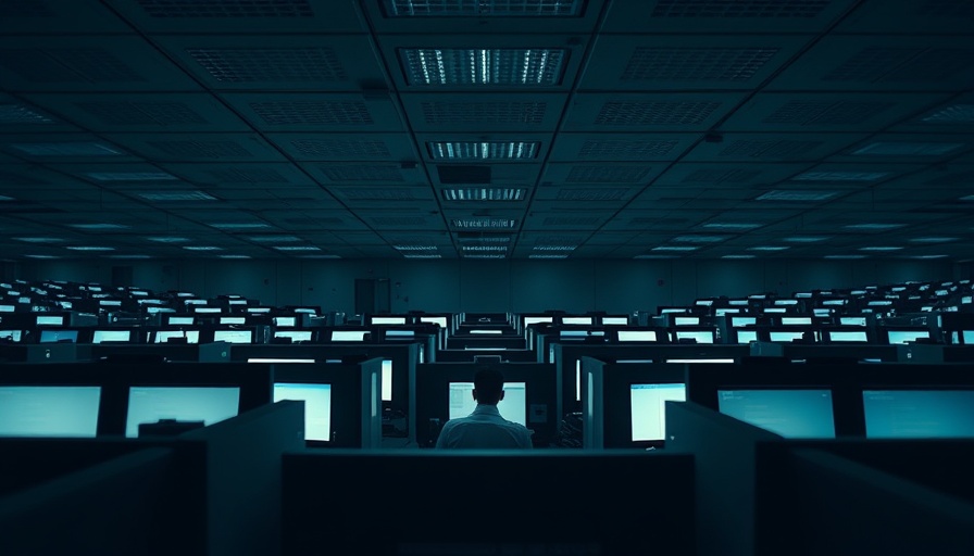 AI integration theme with worker in office cubicles with bright screens.