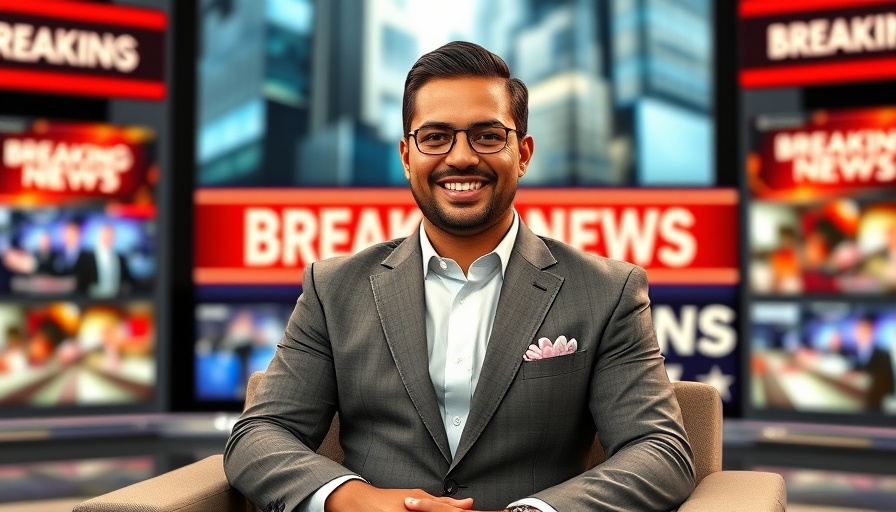 Confident man smiling on a news set with 'BREAKING NEWS' displays, Isiah Carey DWI.