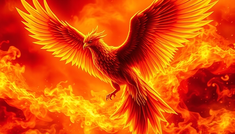 Majestic fiery phoenix in flames.