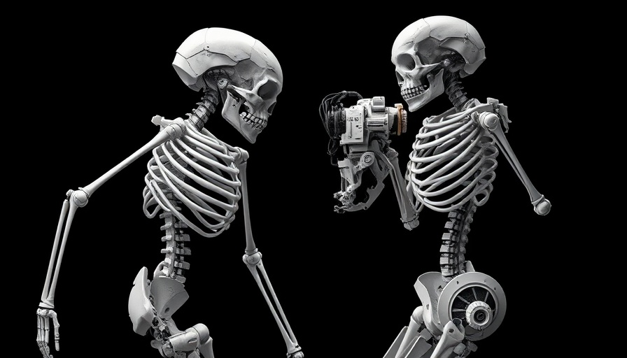 Futuristic robot reanimation, dual-view skeletal and robotic construct.