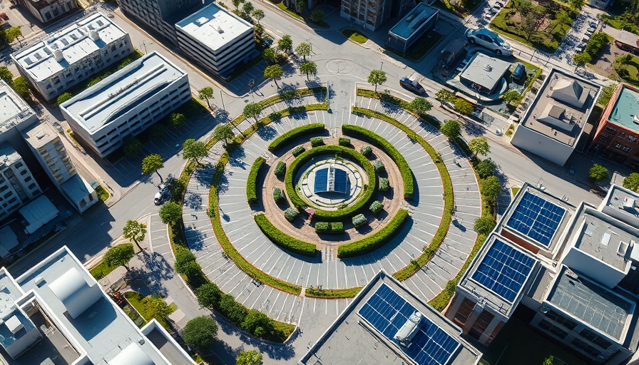 Aerial view highlighting clean power strategy with solar panels.