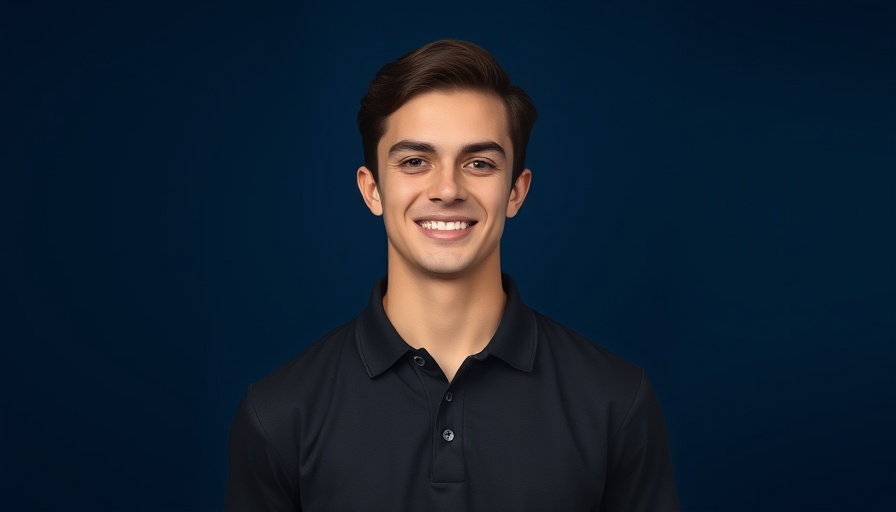 Smiling young man in black shirt with dark blue background