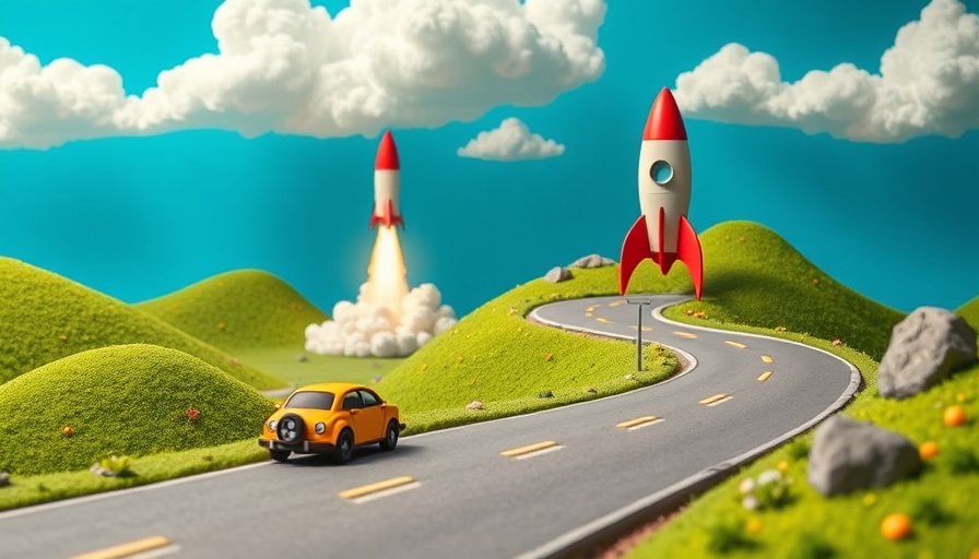 Claymation scene of car on road as rocket launches into sky
