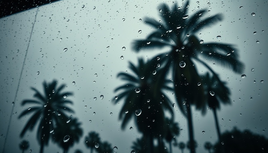 Moody California rain with palm trees through raindrop-speckled window.