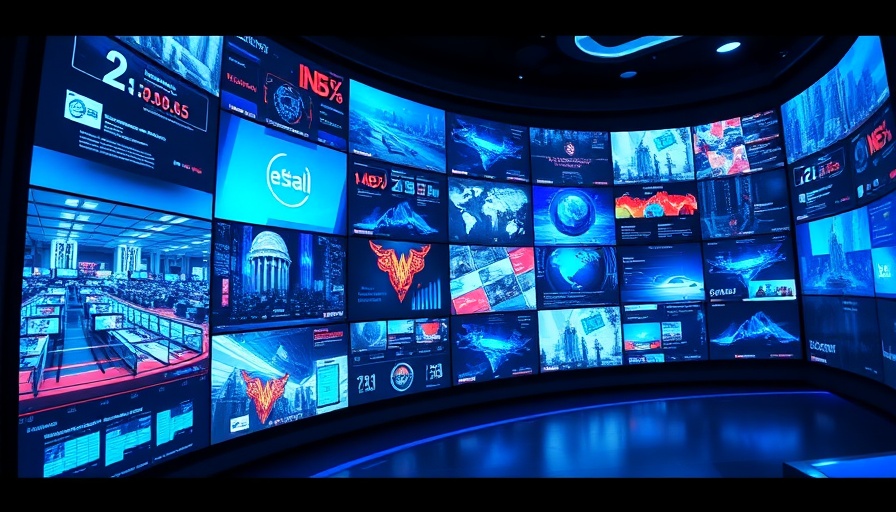 Dynamic digital news wall showcasing multimedia feeds, AI chatbots.