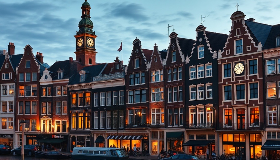 Traditional Dutch architecture with clock tower in Amsterdam at dusk.