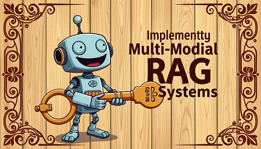 Whimsical cartoon robot with key and Multi-Modal RAG Systems text.