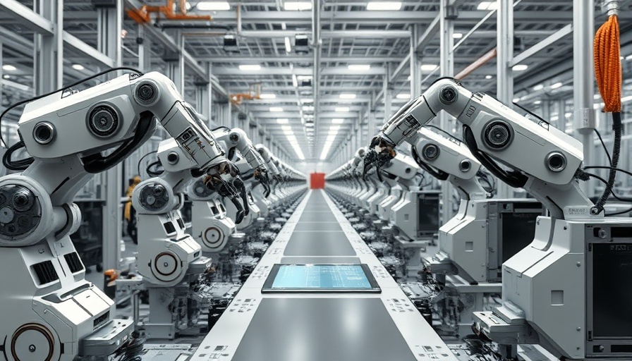 Advanced robotic assembly line in modern factory with digital interface.