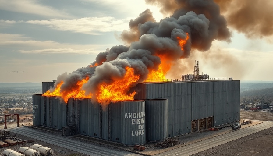Battery fire safety in energy storage facility with smoke and flames.