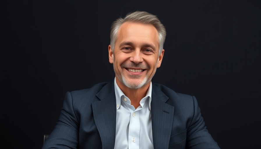 Middle-aged man in a suit smiling against a dark background.