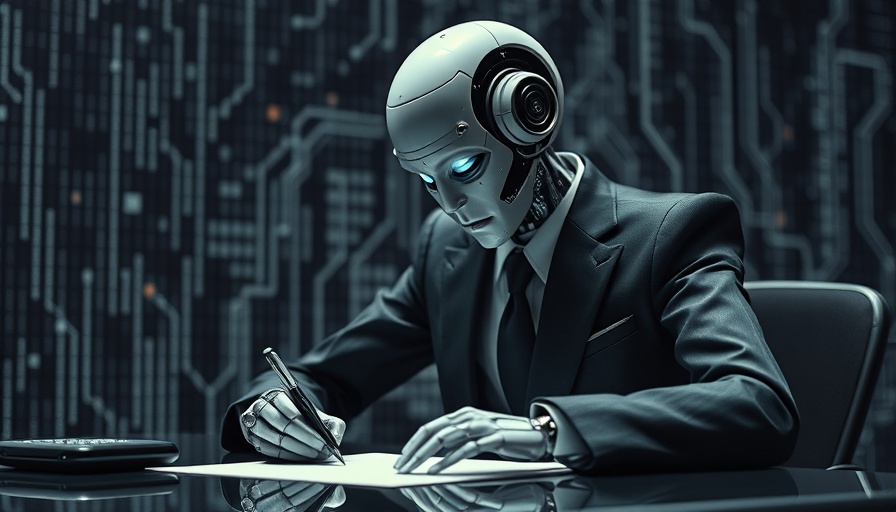 AI in contract management represented by a robot in a suit writing at a desk.