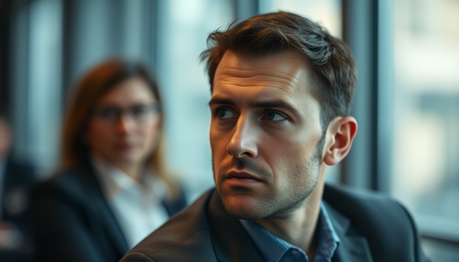 Focused individual in a corporate setting, contemplative expression