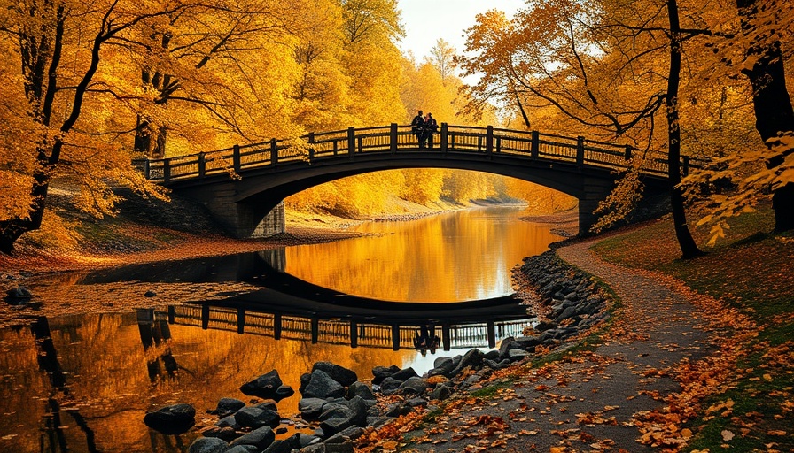 Picturesque bridge amidst autumn foliage near Calgary, Alberta.