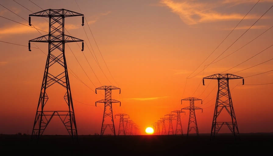 Power lines silhouetted against sunset representing data center power capacity.