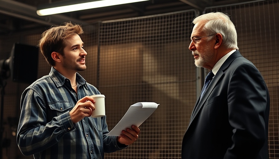 Casual director and suited man discussing in production studio, AI editing tool for filmmaking.