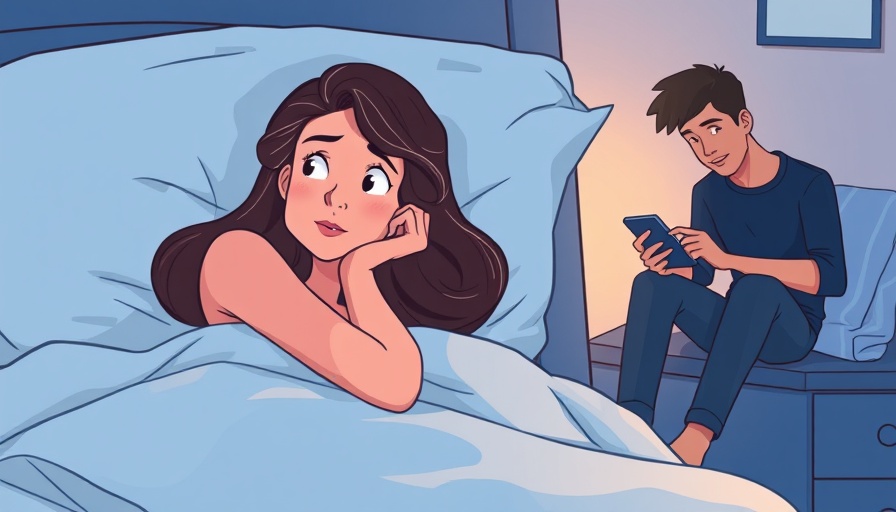 Illustrative scene of couple in bed, man on phone, highlighting distance