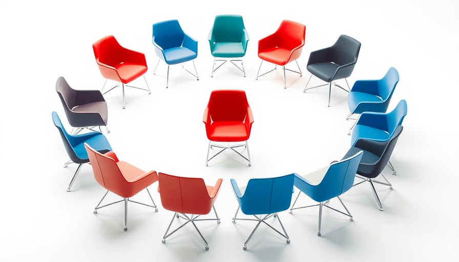Colorful chairs in a circle representing hybrid work model success.