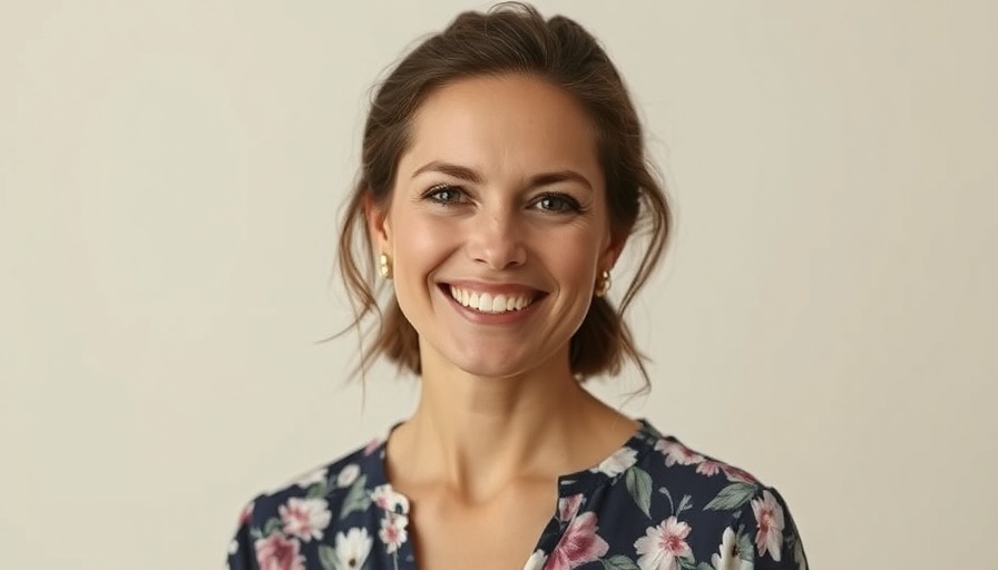 Woman smiling confidently, floral blouse in photorealistic style.