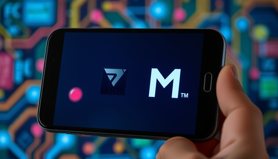 Smartphone displaying ARM logo amid colorful tech background.