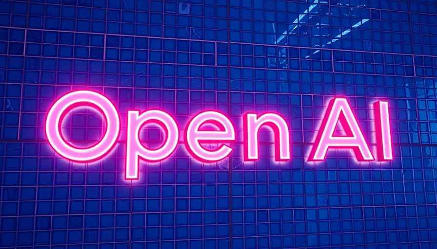 Neon-lit OpenAI logo on blue tiled wall, futuristic design.