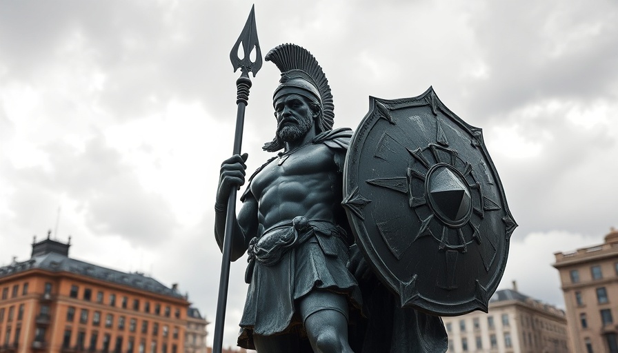 Bronze statue holding spear and shield against cloudy sky, reflecting MRC and TAG brand safety standards.