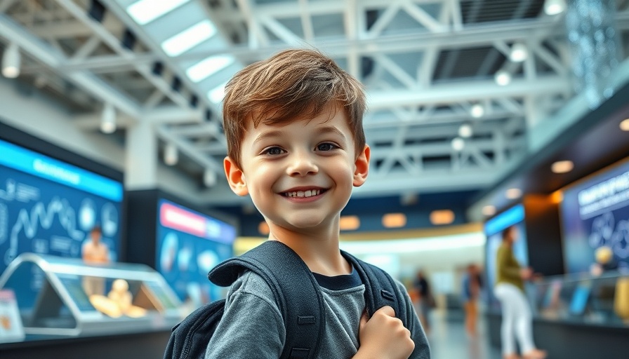 Young boy in a science museum, smiling, illustrating the theme of becoming a machine learning engineer.