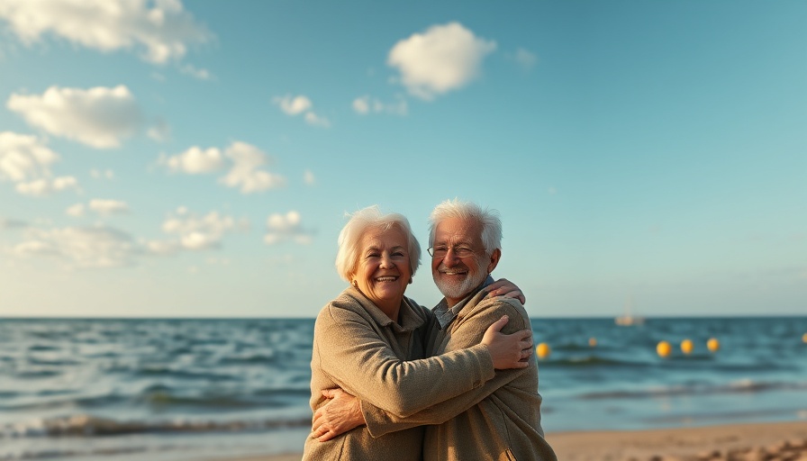 Elderly couple embracing on beach, enjoying sunny day.