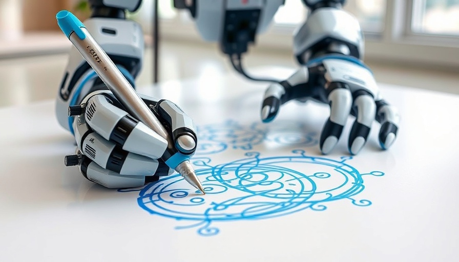 Calligraphy bot technology drawing blue patterns with precision.