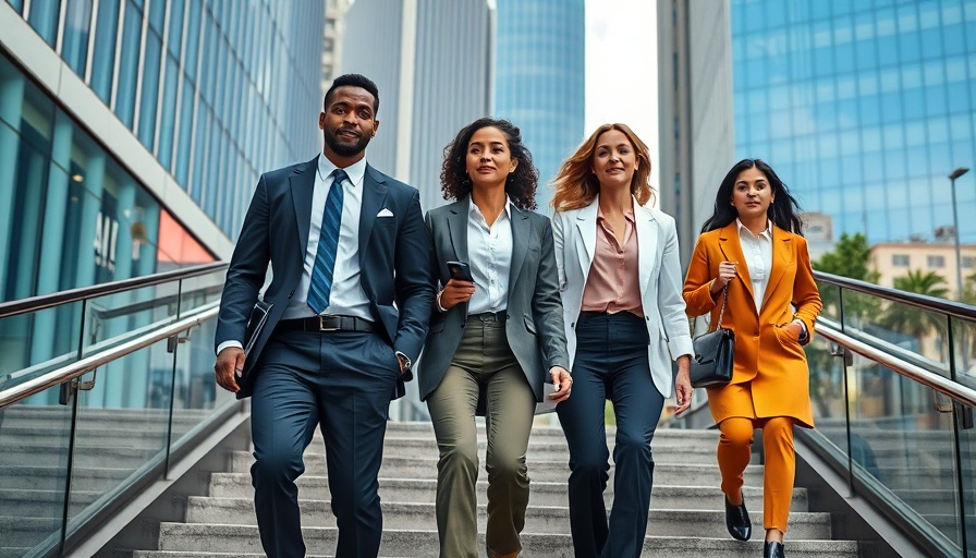 Leadership Development: Professionals ascending stairs, urban setting