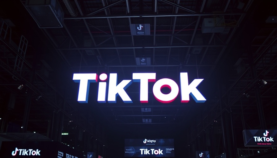 Bold TikTok logo glowing in dark expo hall.